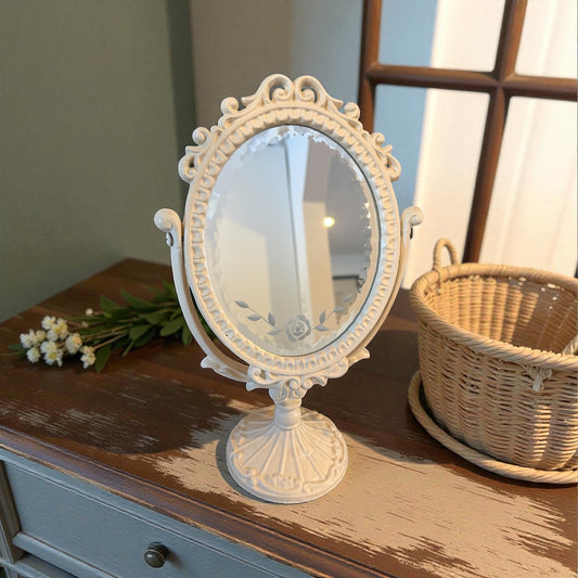 Vintage Victorian-Style Vanity Mirror – White Painted Cast Iron, Shabby Chic Pedestal