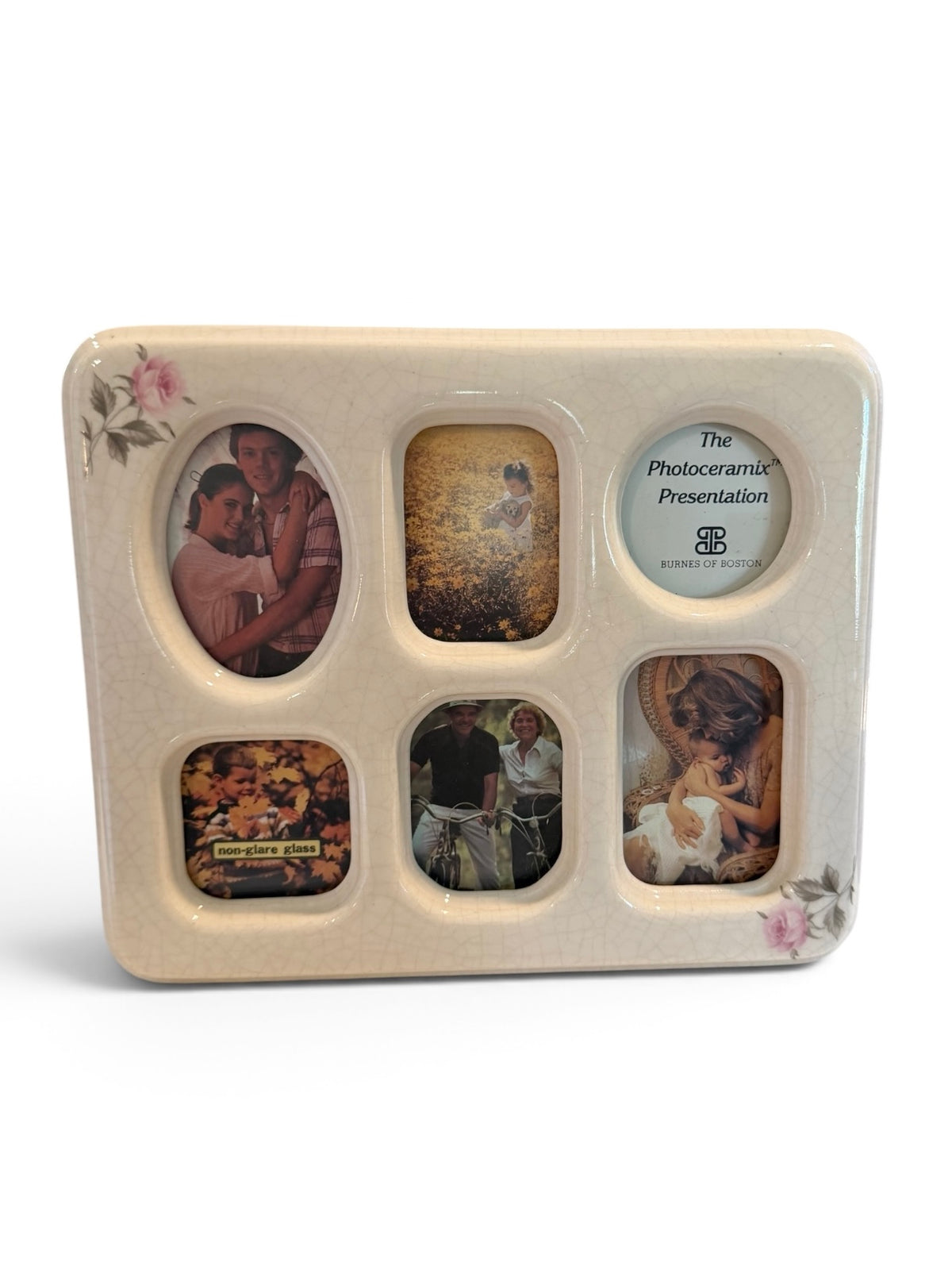 Burnes of Boston Ceramic 6-Photo Collage Frame – Vintage Crackle Glaze with Pink Roses