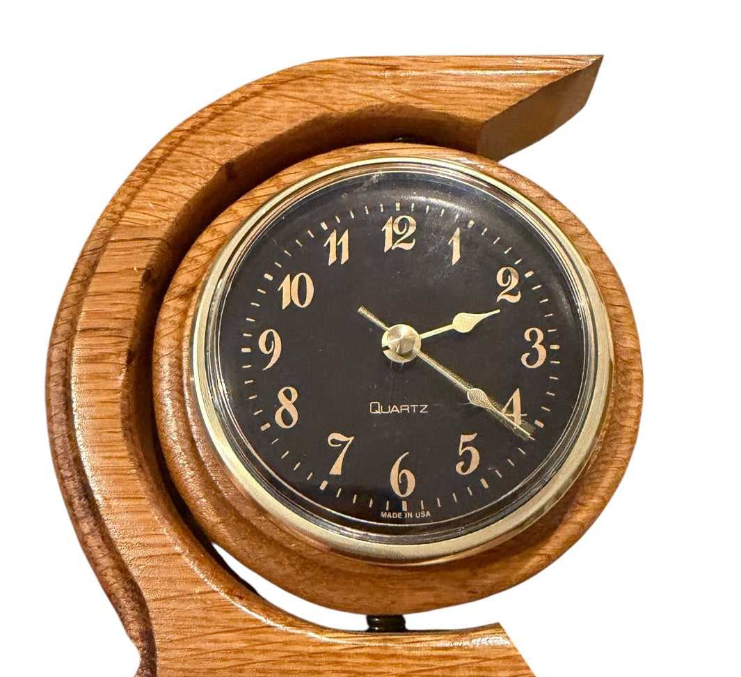 Handmade Vintage Wooden Crescent Mantel Clock | Swivel Quartz Clock | Solid Oak Desk Shelf Clock