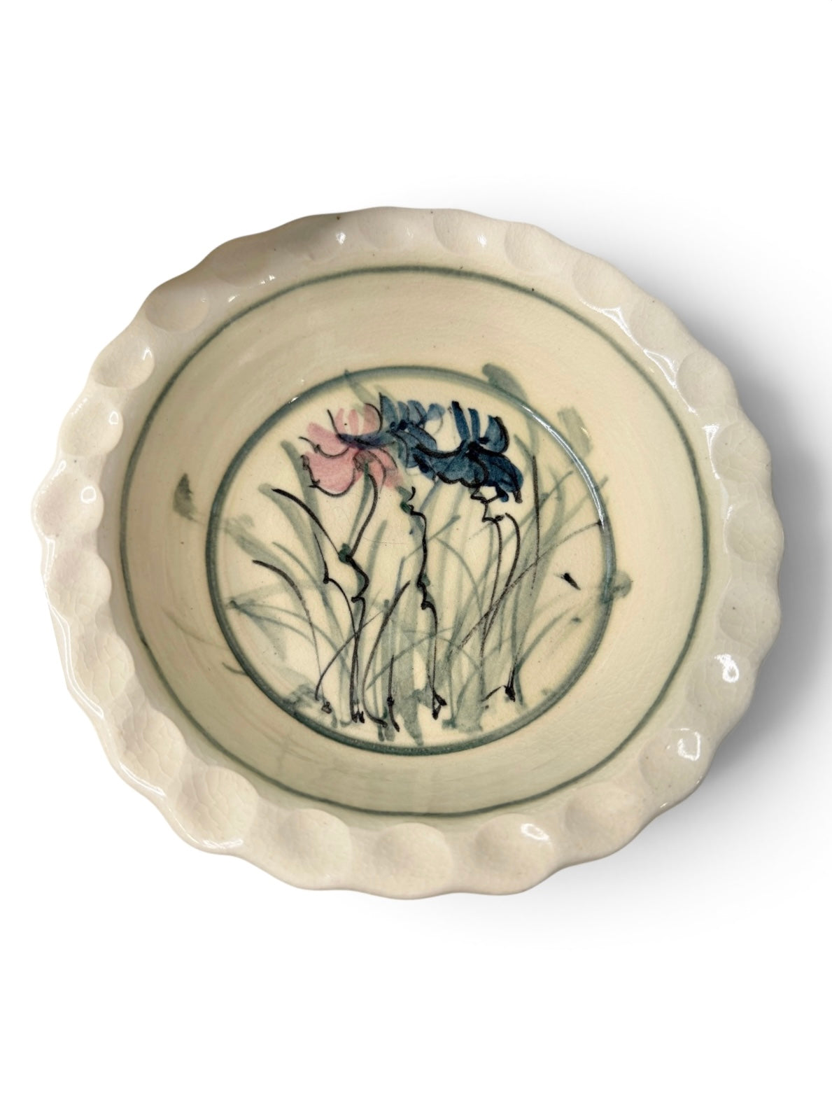 Studio Art Pottery Pie Plate – Hand-Painted Iris Floral Baking Dish with Scalloped Rim