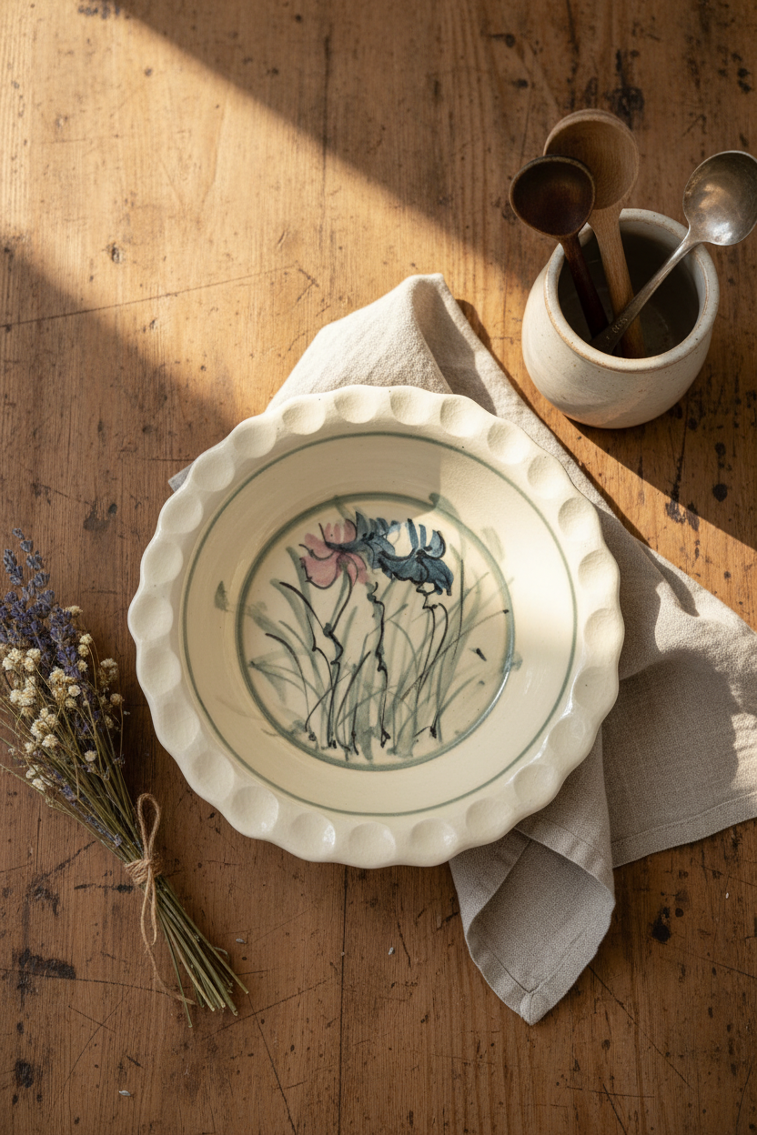Studio Art Pottery Pie Plate – Hand-Painted Iris Floral Baking Dish with Scalloped Rim