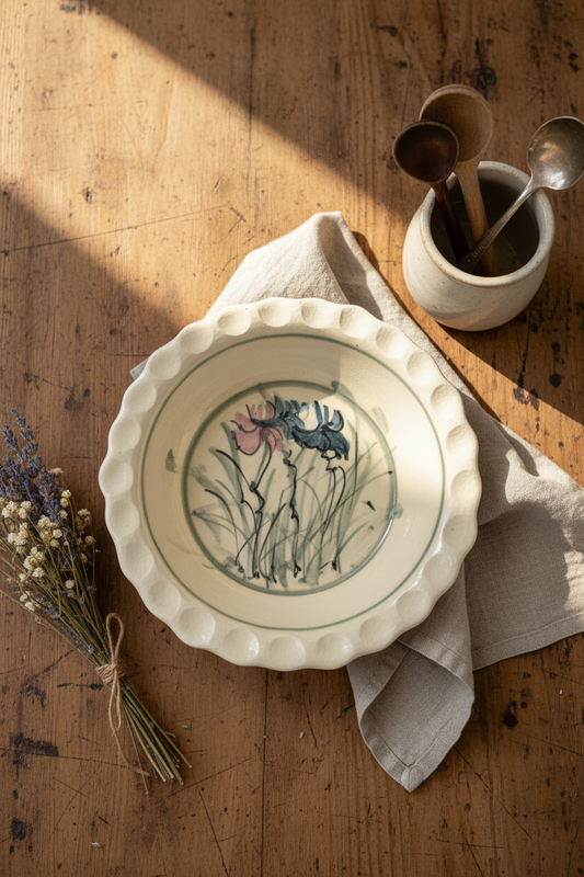 Studio Art Pottery Pie Plate – Hand-Painted Iris Floral Baking Dish with Scalloped Rim