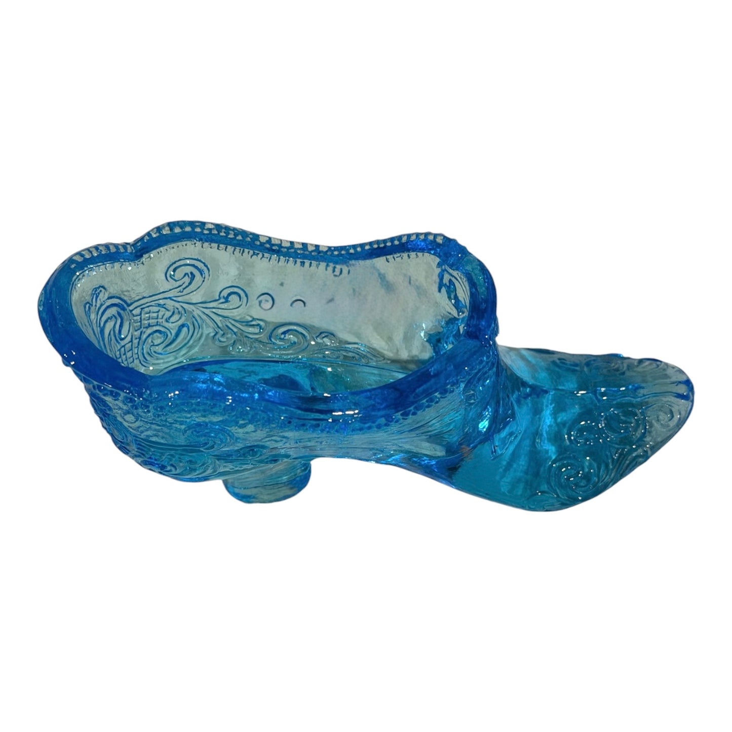 Mosser Glass #109 Scroll & Bow Vintage Slipper – Aqua Blue Victorian Shoe – 4.5”