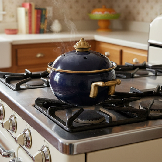 Vintage Navy Blue Enamel Pot with Brass Handles – Garlic Canister or Potpourri Burner