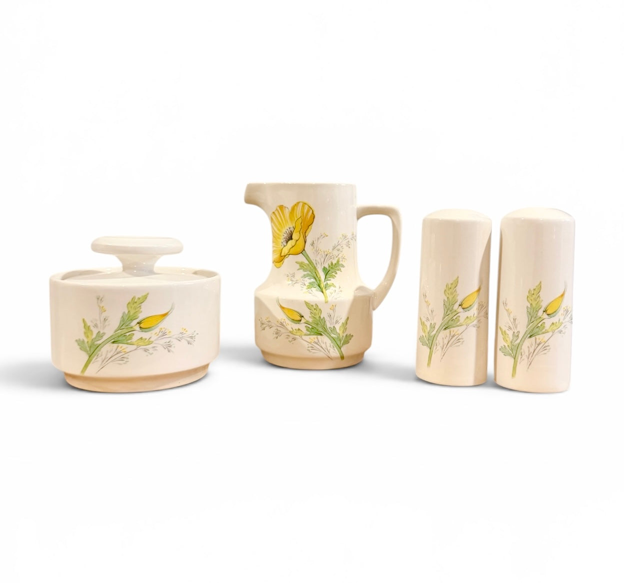 Noritake Craftone Buttercup Vintage(8769) Sugar Bowl, Creamer & Salt + Pepper Shaker Set | Made in Japan | 1970s