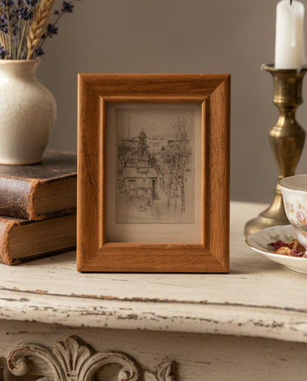 Church Print in Solid Oak Frame | Colonial Steeple Artwork | Mini Framed Art | Flea and Frame Curated