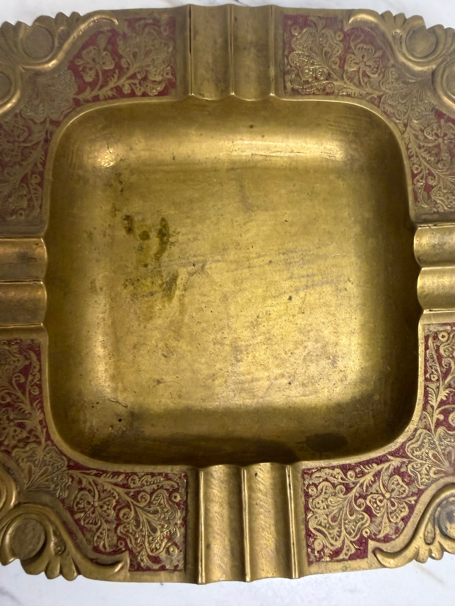Vintage Square Brass Ashtray with Red Enamel Floral Design