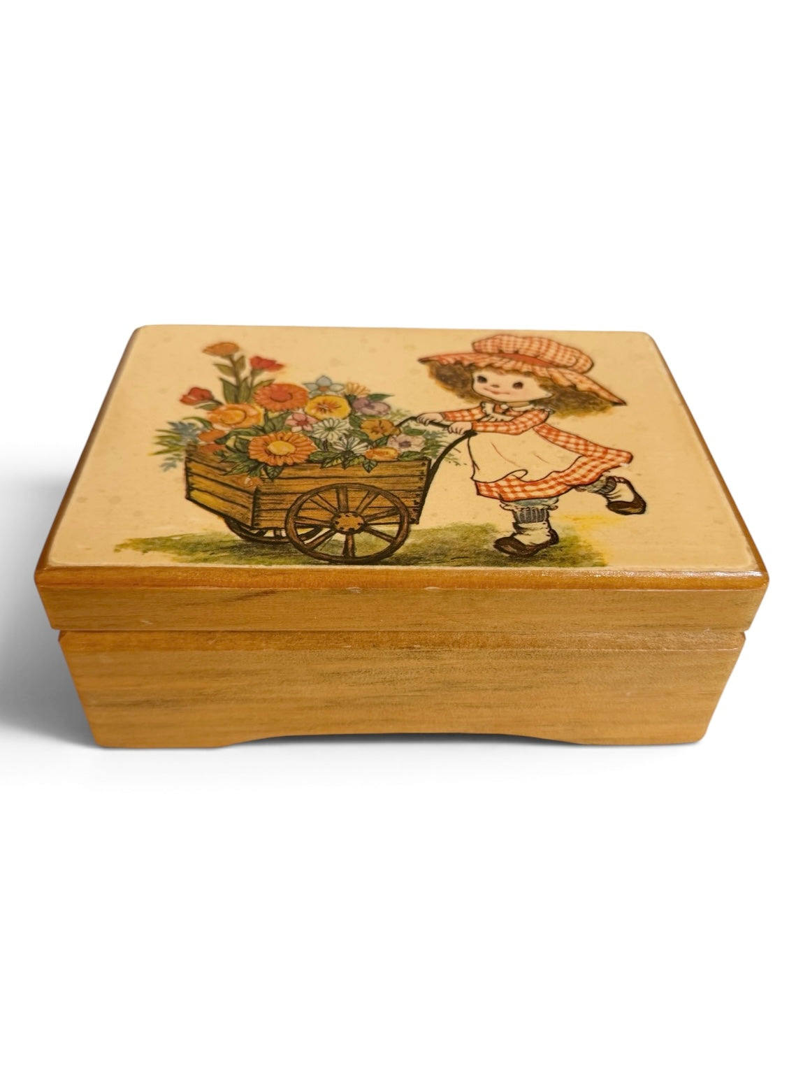 1970s Wooden Holly Hobby Style Jewelry Box | Retro Floral Girl & Pink Velvet Interior