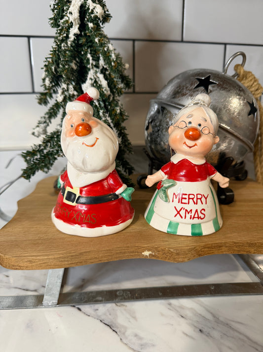 Vintage Kreiss Ceramic Christmas Bells – Mr. & Mrs. Claus – Mid-Century Christmas Decor