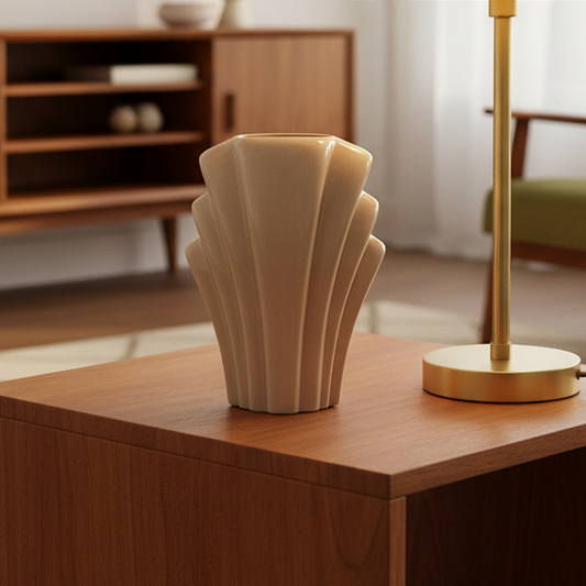 Vintage Art Deco Pleated Ceramic Vase | Peach Beige Glaze