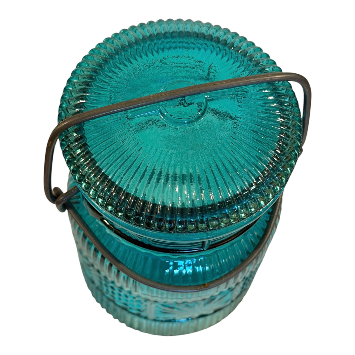 Avon Teal Glass Mason Jar Canister – Vintage 1970s Bail Lid Jar