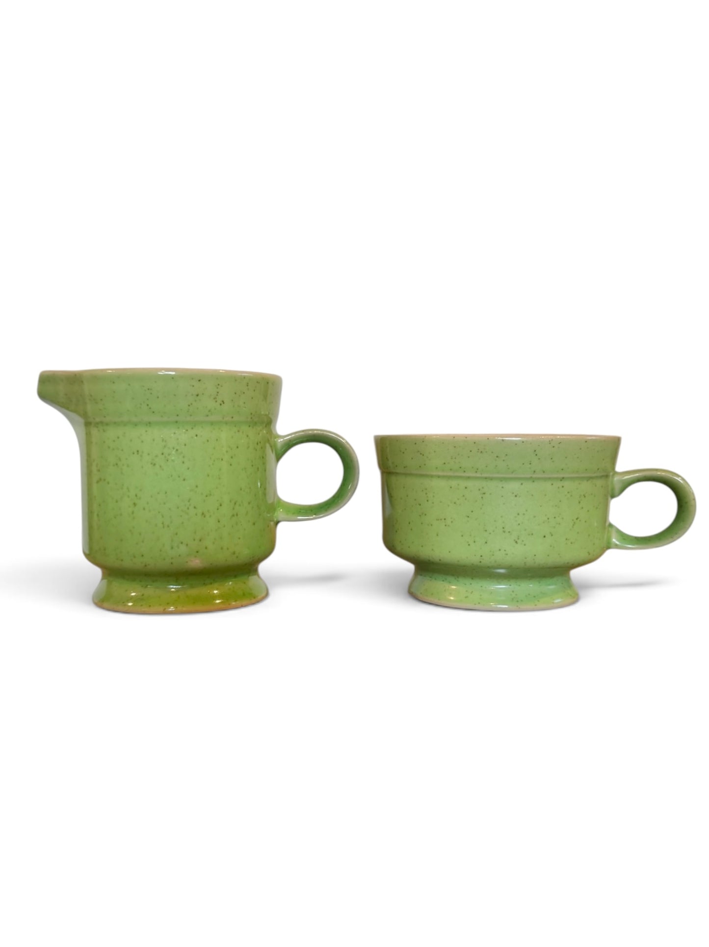 Premier Potterskraft Country Roads Green Speckled Stoneware Creamer & Footed Cup Set | Japan | Mid-Century Modern