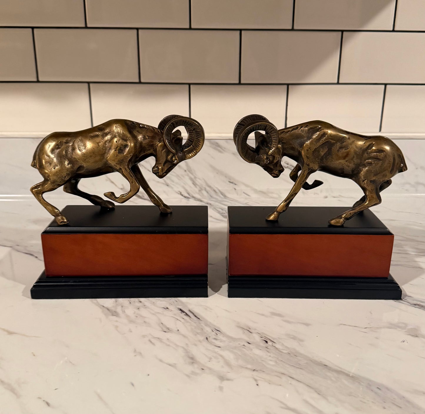 Pair of Vintage Brass Ram Bookends — Wood Base —
Mid Century