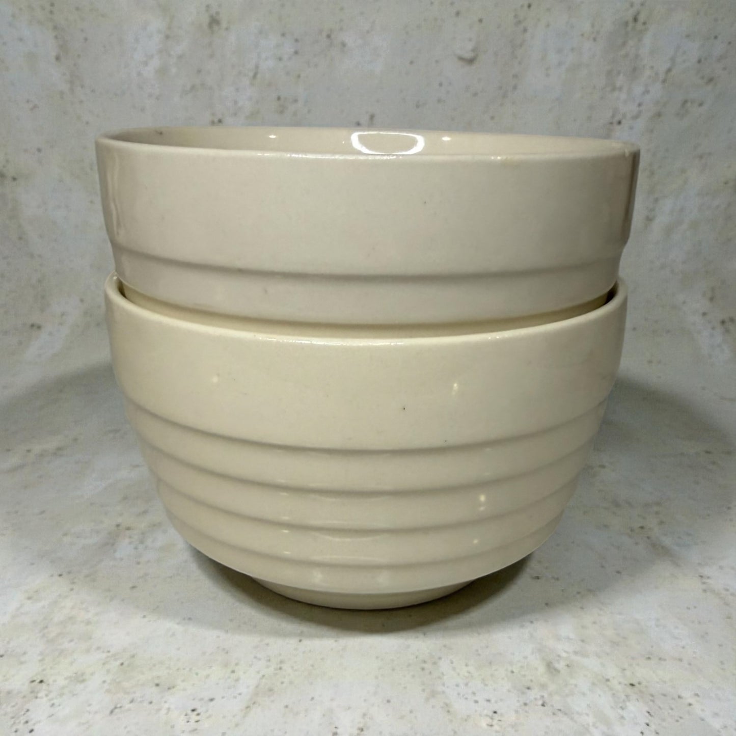Set of 2 Vintage Ribbed Stoneware Bowls – Off-White “Beehive” Ringware (USA)