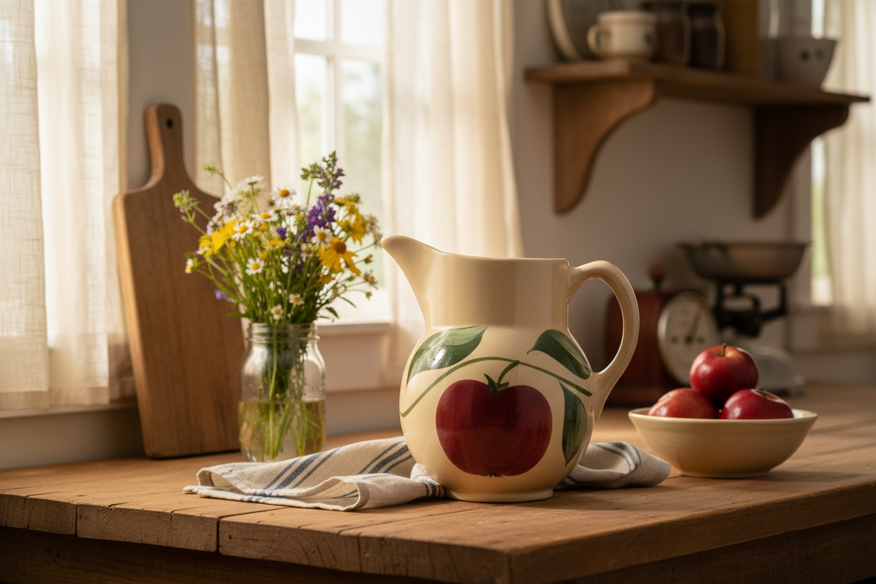 Watt Pottery Apple Pitcher | Hand-Painted Stoneware Creamer | 1950s Ohio Yellow Ware Kitchen Decor | Farmhouse Collectible