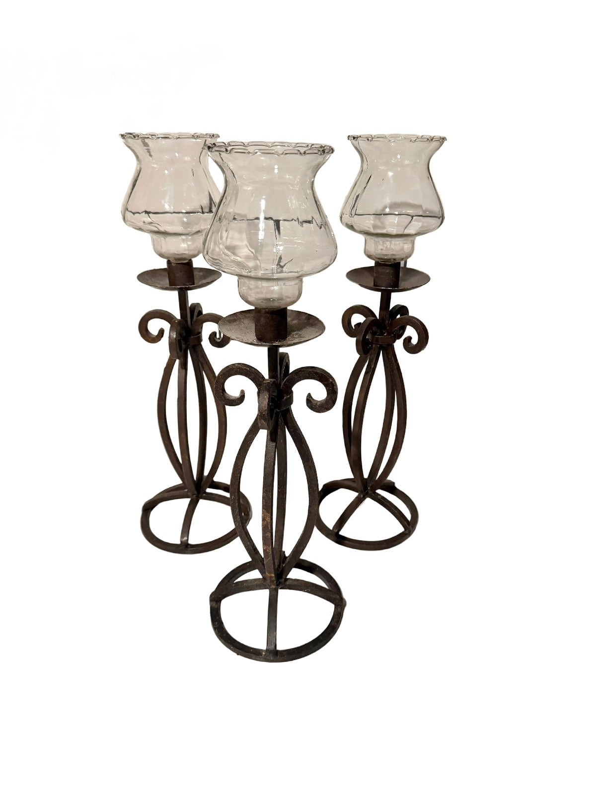 Set of 3 Rustic Primitive Wrought Iron Hurricane Candle Holders with Glass Shades