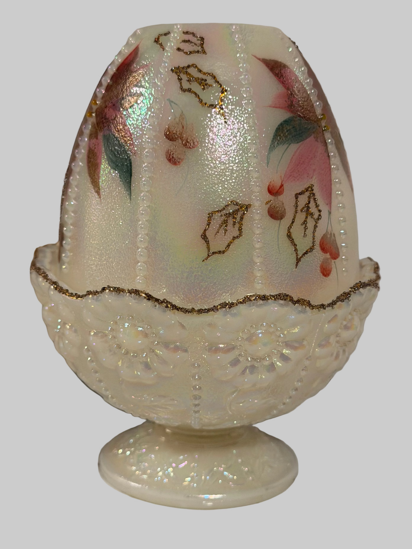 Fenton Ivory Opalescent Hand-Painted Poinsettia & Berries Beaded Fairy Light (1996) – Signed J. Cunningham