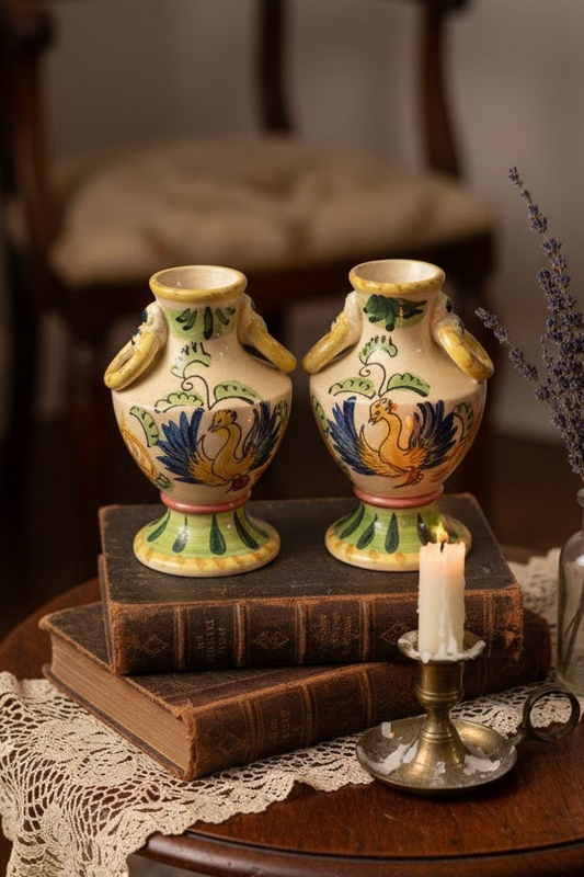 Hand-Painted Vintage Japanese Phoenix Ceramic Vases – Pair | Mid-Century Decorative Mantel Vases