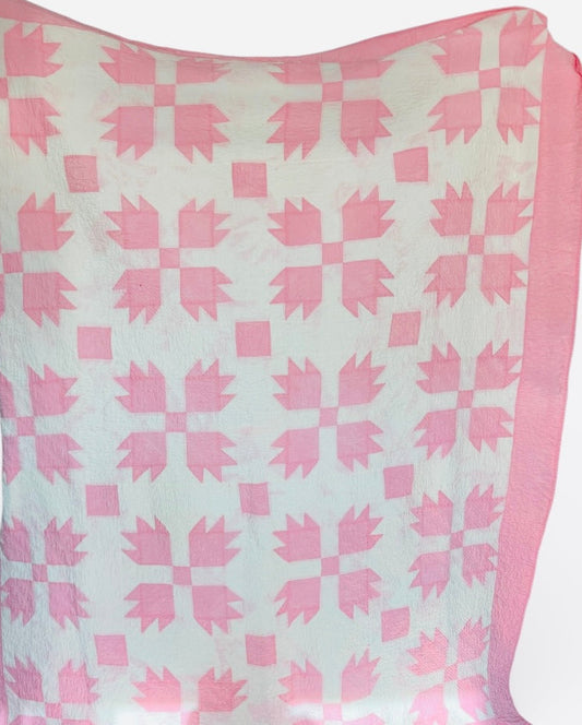 Vintage Handmade Pink & White Patchwork Quilt – Bear’s Paw Style – 72” x 92”