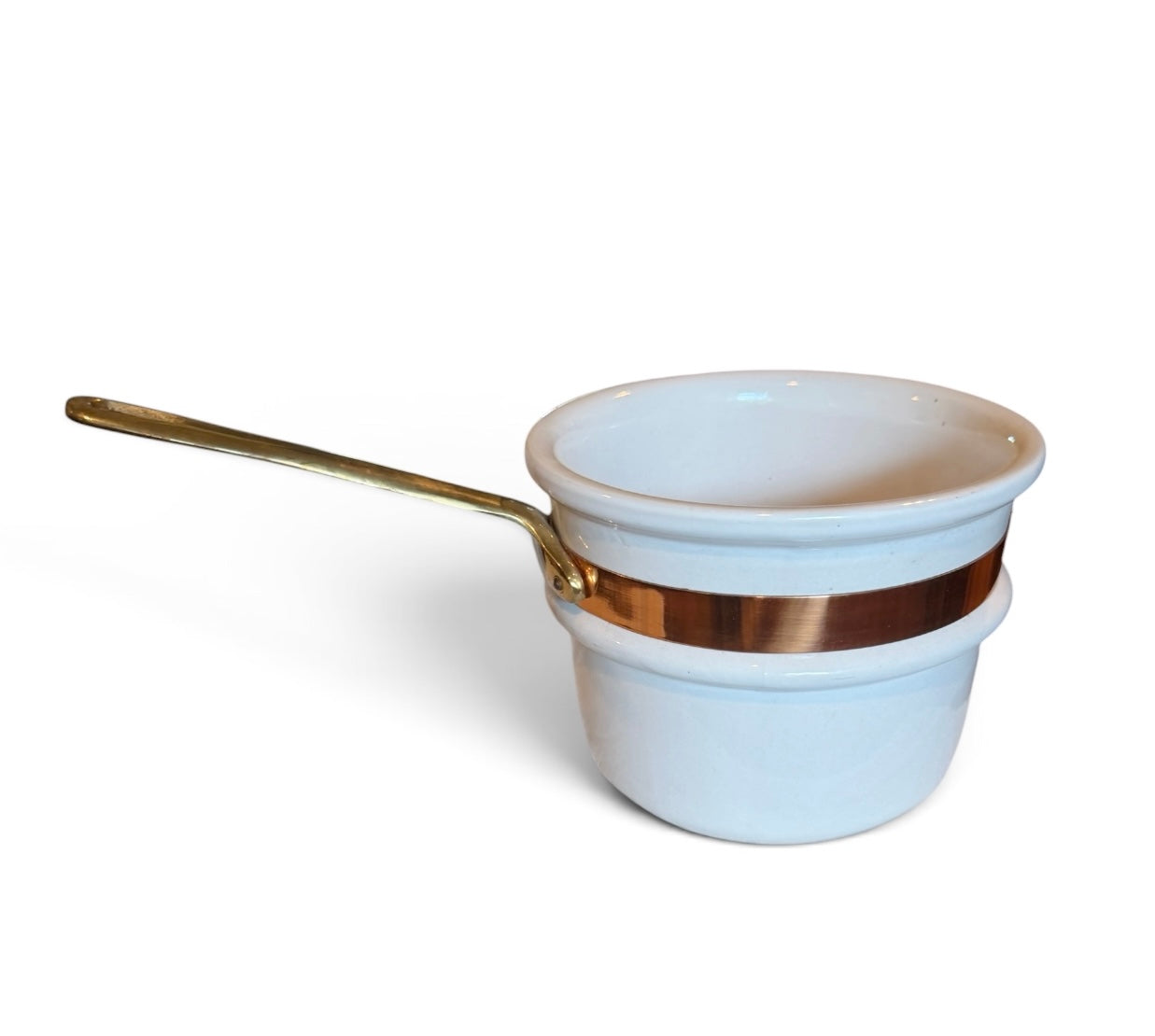 Ceramic Vintage Double Boiler Insert with Copper Band & Brass Handle