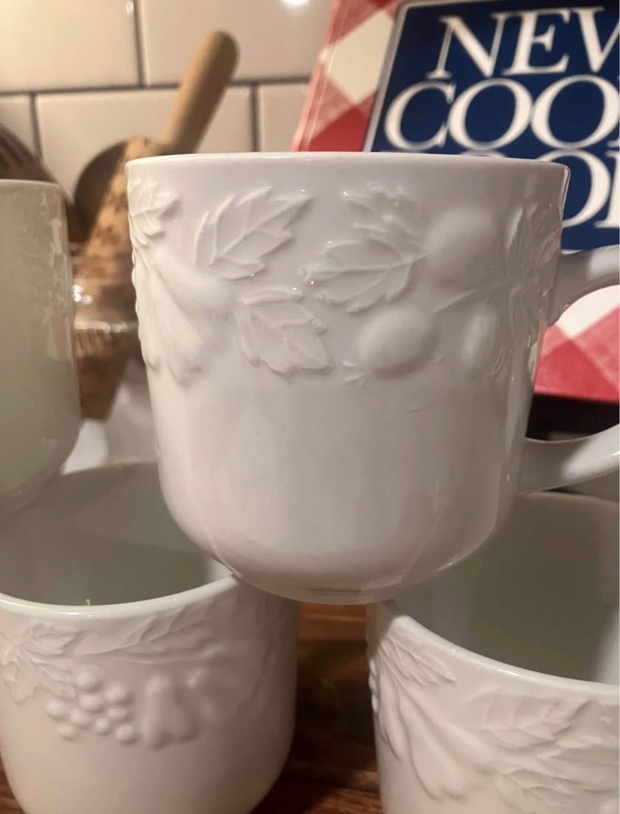 Set of 5 Vintage Gibson White Stoneware Mugs-Embossed Fruit Design