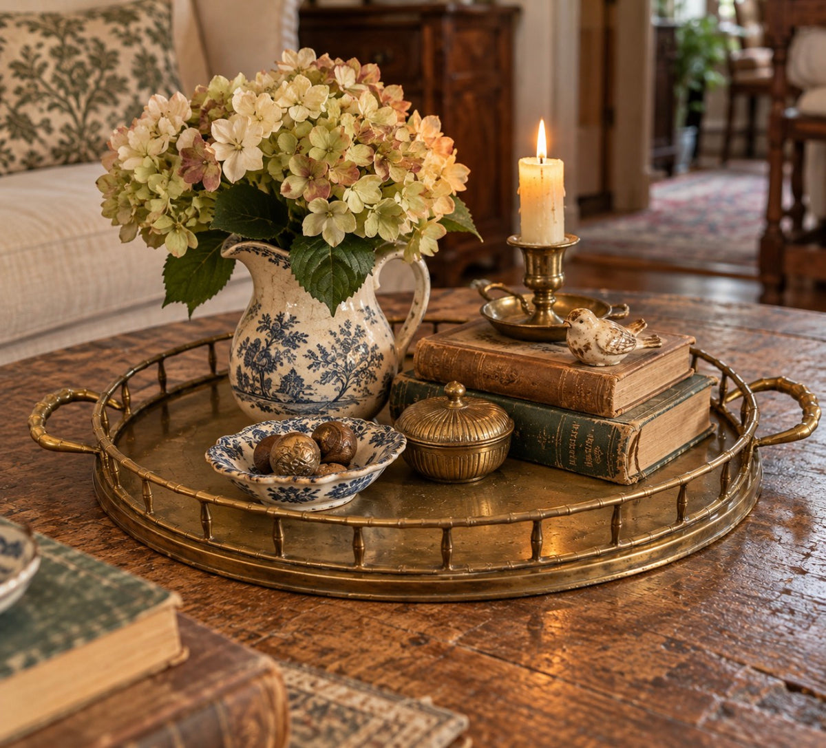 Hollywood Regency Brass Serving Tray with Faux Bamboo Gallery Rail & Handles – 20.5”
