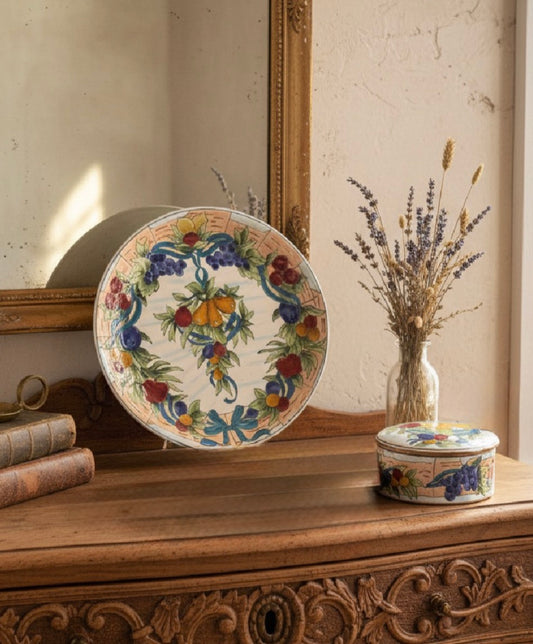 Toyo Collector Plate & Matching Trinket Box – Fruit & Ribbon Design