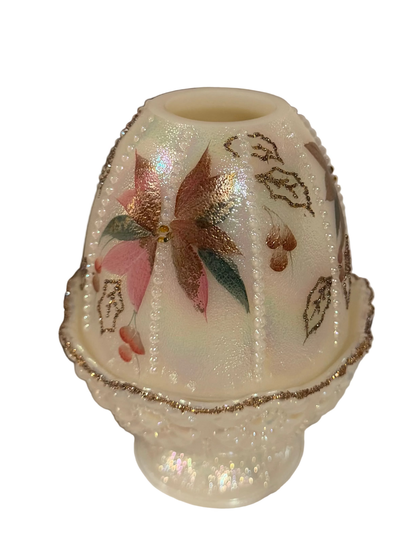 Fenton Ivory Opalescent Hand-Painted Poinsettia & Berries Beaded Fairy Light (1996) – Signed J. Cunningham