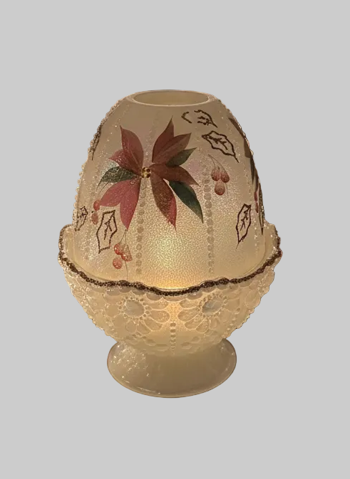 Fenton Ivory Opalescent Hand-Painted Poinsettia & Berries Beaded Fairy Light (1996) – Signed J. Cunningham