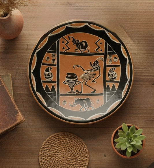 Kenyan Vintage Soapstone Decorative Plate | Hand-Etched Savanna Wildlife Wall Decor | Boho Artisan Art