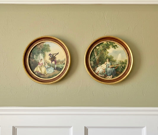 Vintage French Rococo Oval-Framed Decorative Prints – Romantic Courtship Scenes