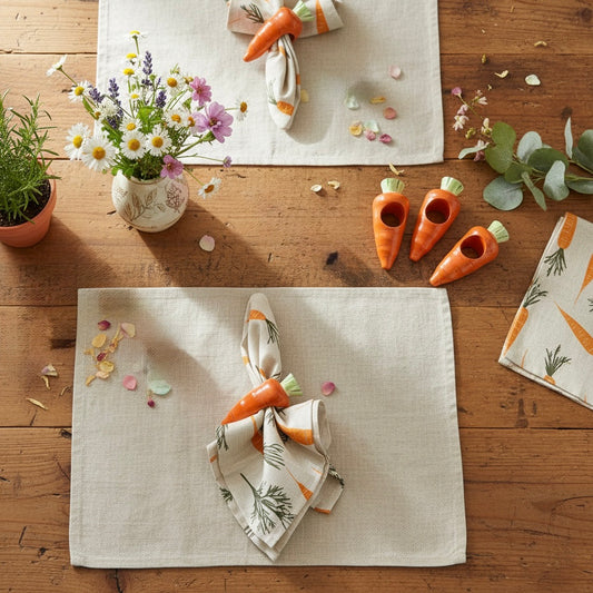Set of 6 Wooden Carrot Napkin Rings with Matching Cloth Napkins | Cottagecore Whimsical Table Decor