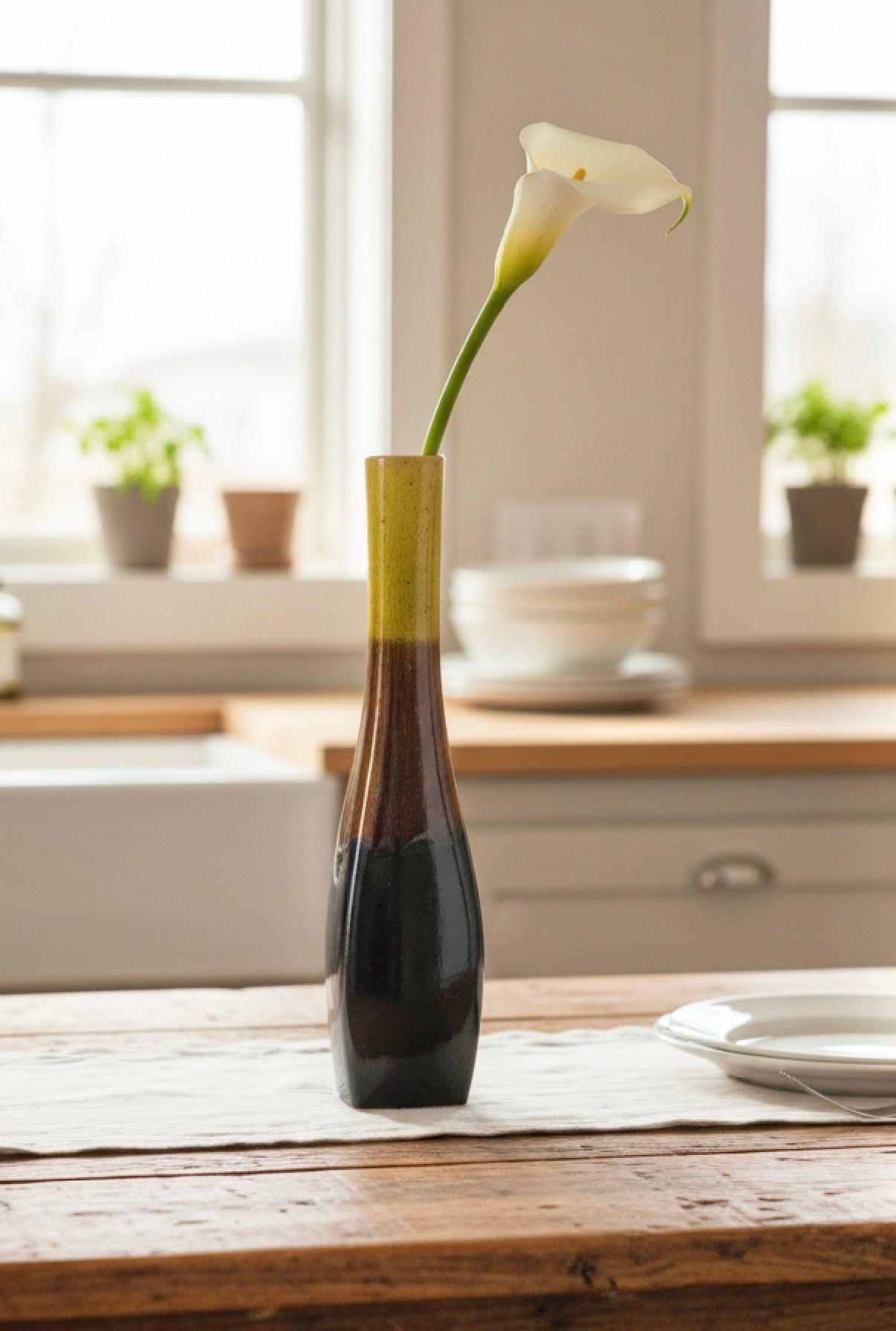 Mid-Century Green & Brown Drip Glaze Ceramic Vase | California Art Pottery