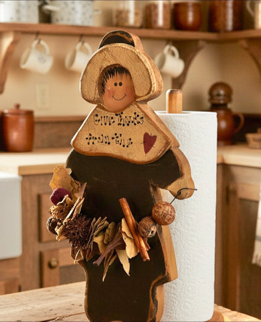 Primitive Wooden Paper Towel Holder with Hand-Painted Pilgrim