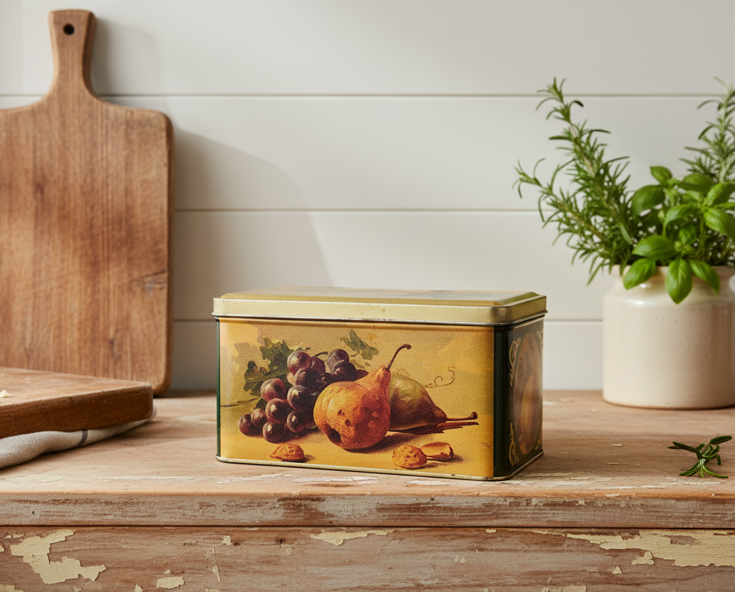 Vintage Still Life Metal Storage Tin – Pear, Grapes & Walnut Design