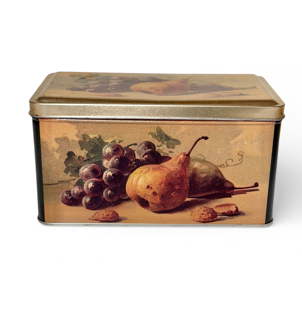Vintage Still Life Metal Storage Tin – Pear, Grapes & Walnut Design