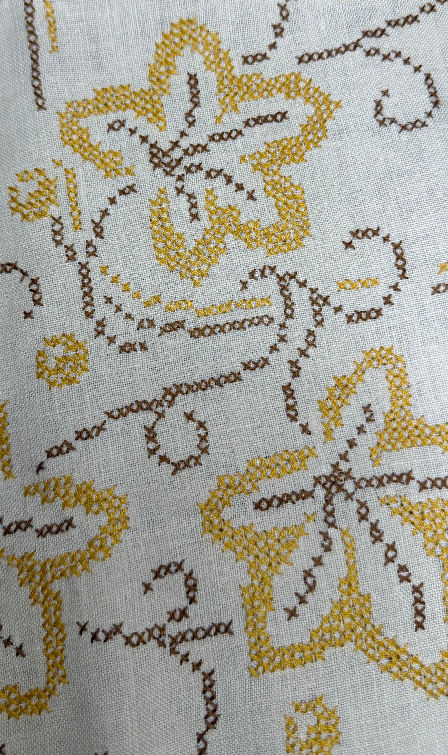 Square Off White Linen Table Topper – Yellow & Brown Cross-Stitch Floral Embroidery – 48”