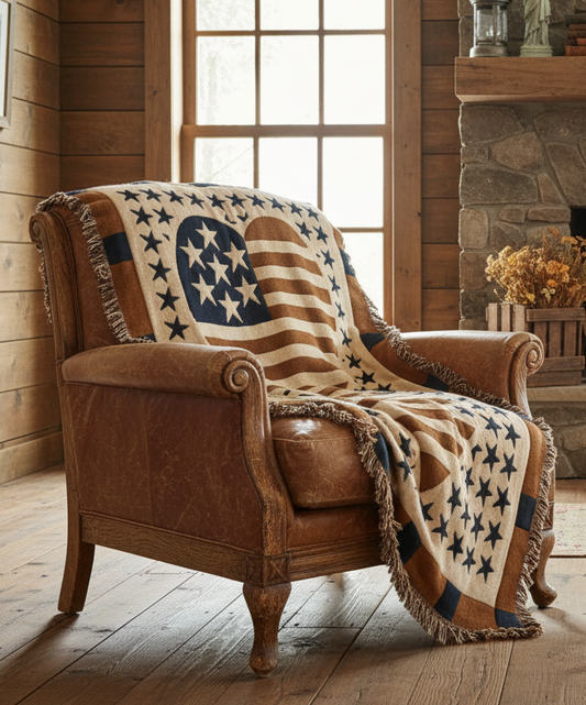Primitive Americana Heart Flag Reversible Woven Throw Blanket | Vintage Lillian Vernon Cotton Afghan