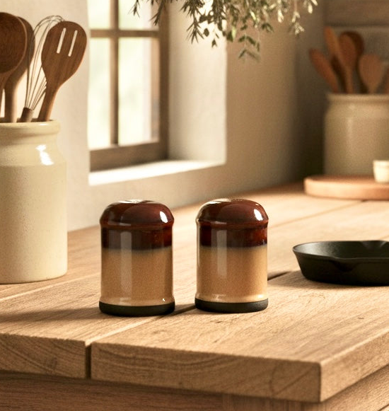 Sango Nova Brown Vintage Salt & Pepper Shaker Set – Rustic Ombre Stoneware – Japan