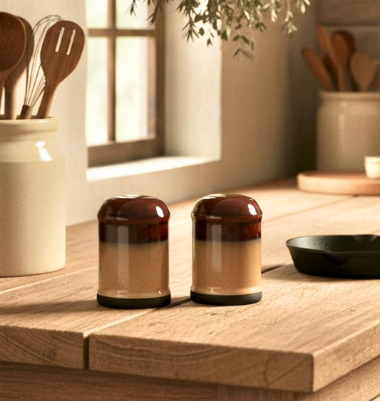 Sango Nova Brown Vintage Salt & Pepper Shaker Set – Rustic Ombre Stoneware – Japan