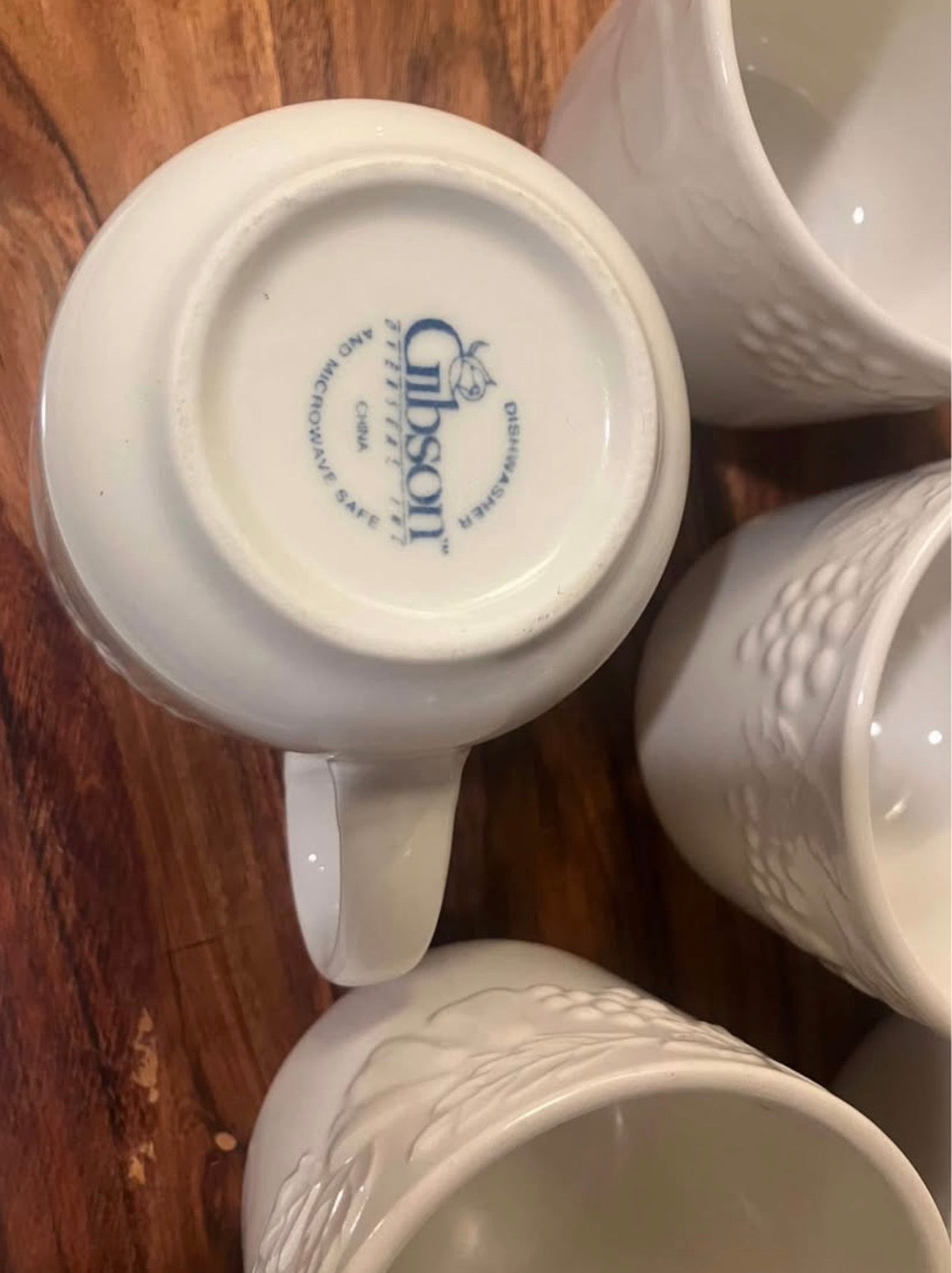 Set of 5 Vintage Gibson White Stoneware Mugs-Embossed Fruit Design