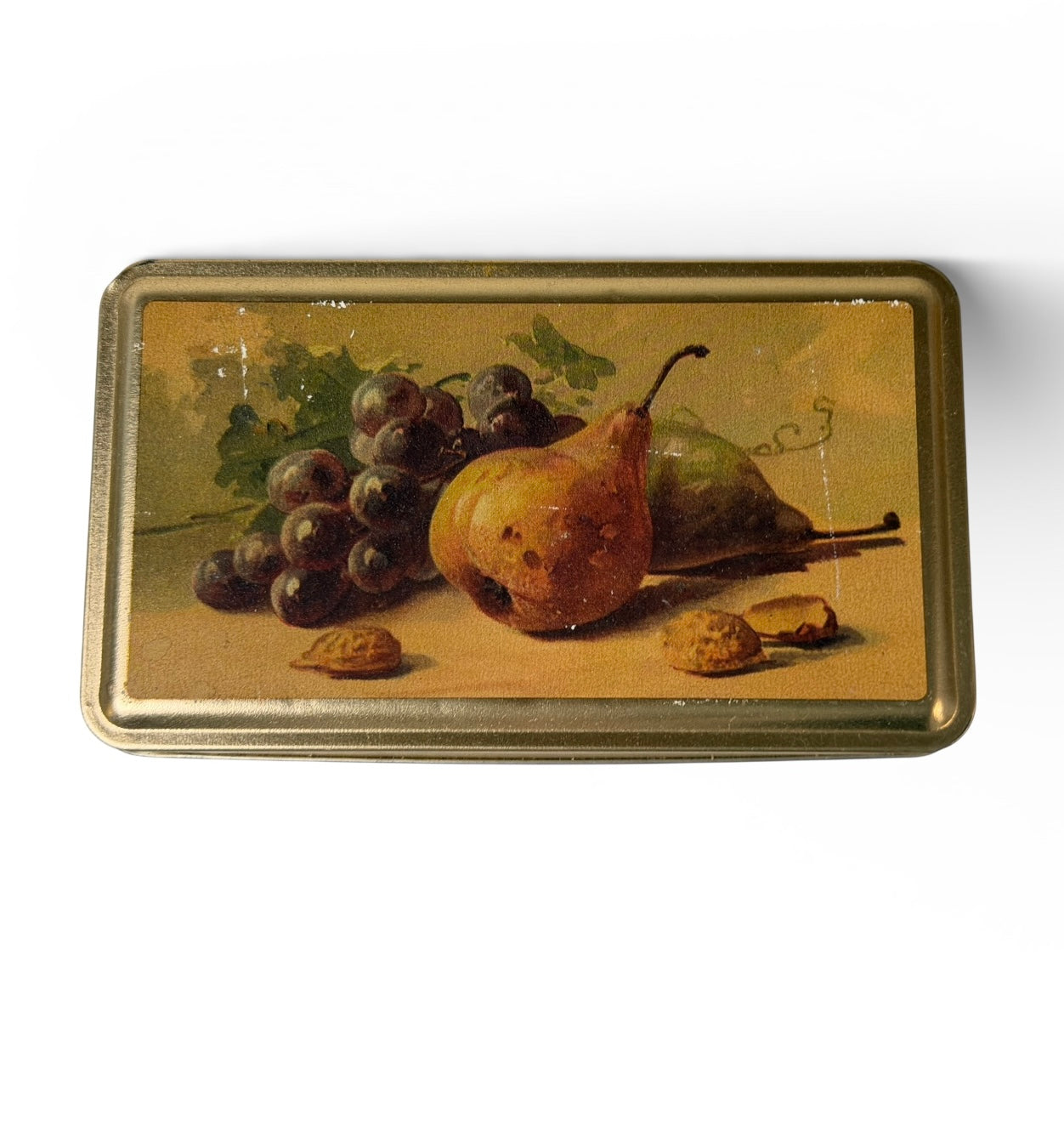 Vintage Still Life Metal Storage Tin – Pear, Grapes & Walnut Design