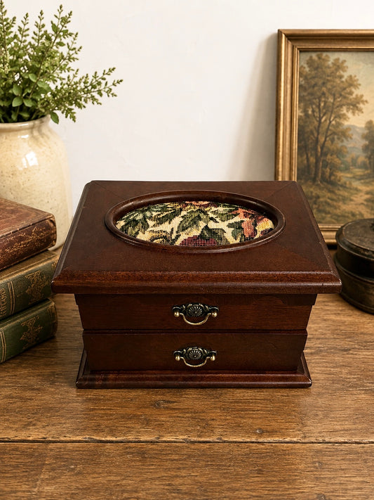 Wooden Vintage Jewelry Box with Mirror & Floral Tapestry Top