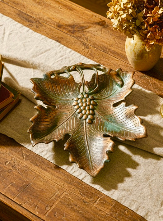 Art Nouveau-Style Vintage Metal Grape Leaf Catchall Tray | Decorative Vanity Dish | Wall Hanging