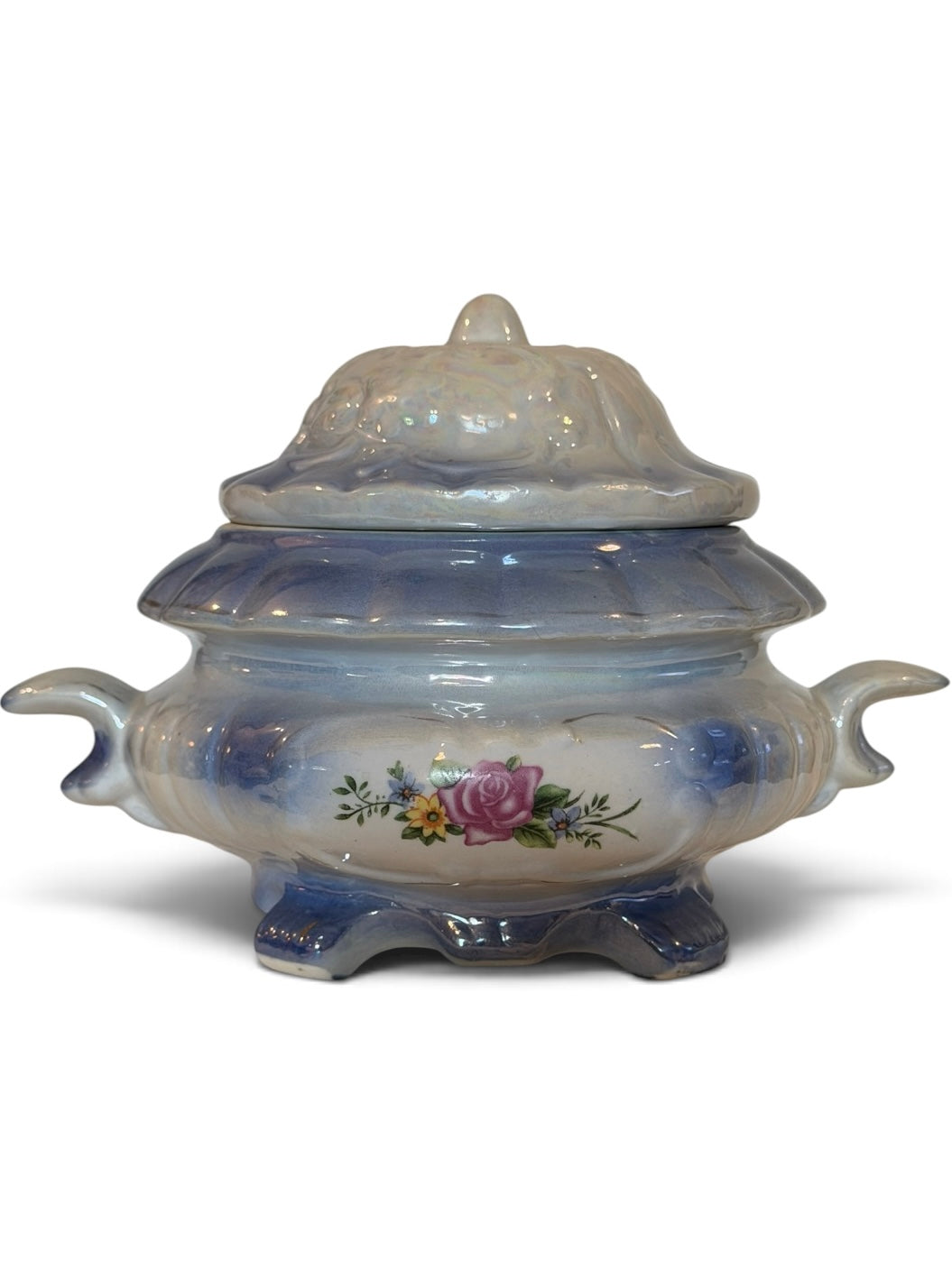 Blue Iridescent Lusterware Vintage Covered Serving Bowl | Pink Rose Floral Tureen