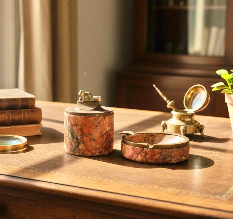 Italian Alabaster Vintage Table Lighter & Ashtray Smoking Set