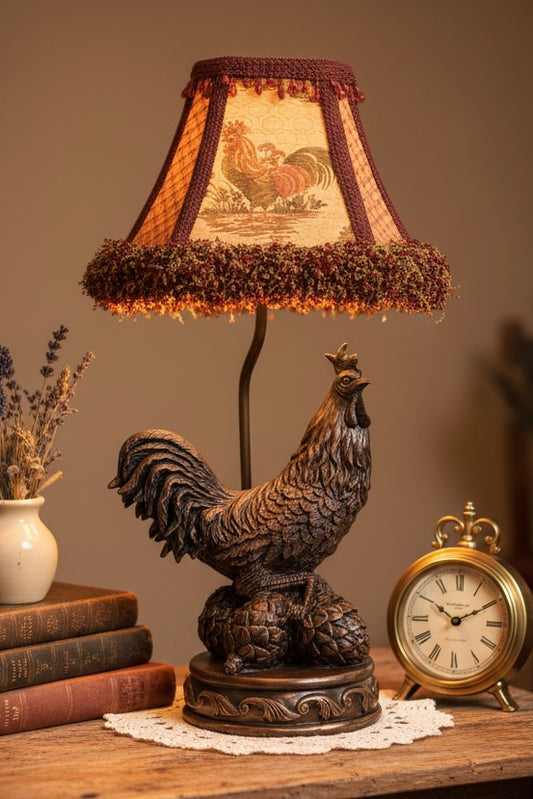 French Country Vintage Rooster Table Lamp with Decorative Fabric Shade | Rustic Farmhouse Accent