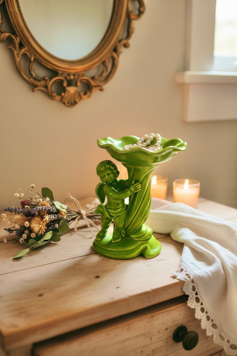 Vintage Mid-Century Atlantic Mold Green Cherub Compote Dish