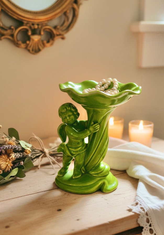 Vintage Mid-Century Atlantic Mold Green Cherub Compote Dish