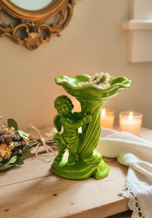 Vintage Mid-Century Atlantic Mold Green Cherub Compote Dish